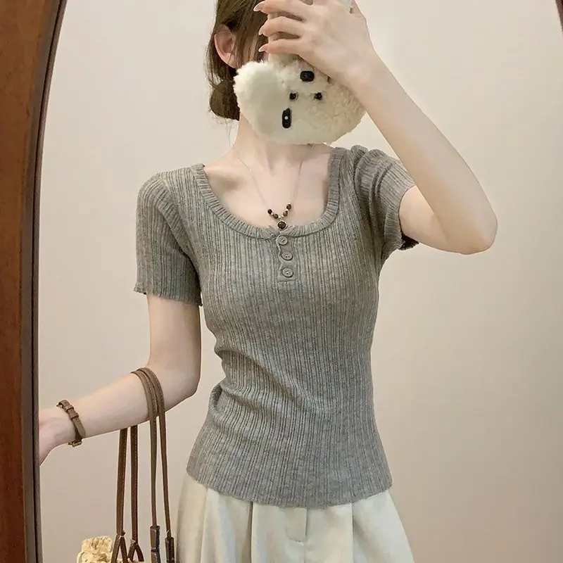 Korean Style Grey Square Collar Striped Sweater Short Sleeves For Women Summer