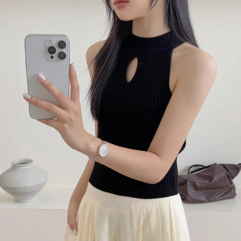 Sleeveless Knitted Cold Shoulder Hot Girl Sexy Halter Neck Camisole Small Vest For Women