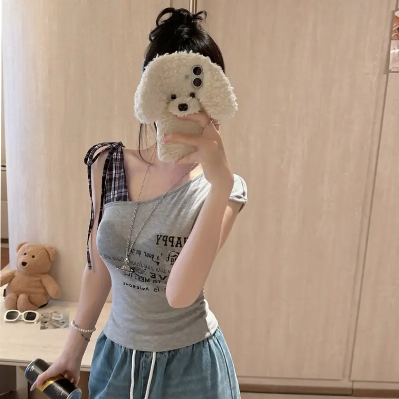 Summer Fashion Plaid Patchwork Lace-up Off-shoulder Sleeveless Slim Vest For Women