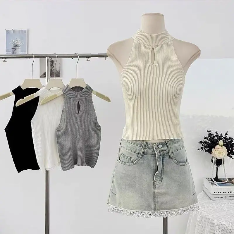 Sleeveless Knitted Cold Shoulder Hot Girl Sexy Halter Neck Camisole Small Vest For Women