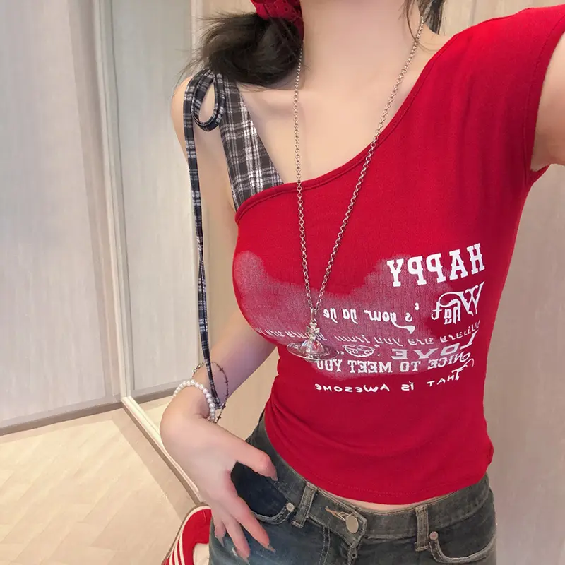 Summer Fashion Plaid Patchwork Lace-up Off-shoulder Sleeveless Slim Vest For Women