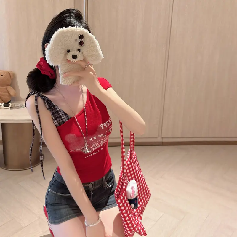 Summer Fashion Plaid Patchwork Lace-up Off-shoulder Sleeveless Slim Vest For Women