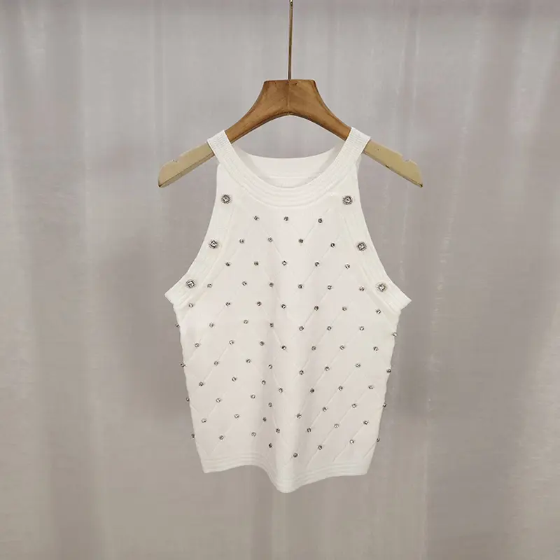 Korean Fashion Rhinestone Round Neck Sleeveless Slim Knitted Vest For Women
