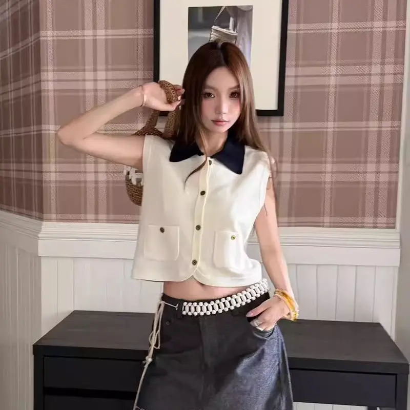 French Contrast Color Lapel Single-breasted Sleeveless Casual Knitted Vest For Women