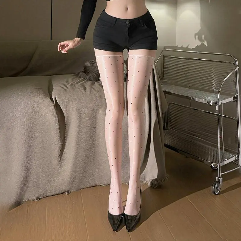 Old-School Black Polka Dot Ultra-thin High Elastic Glossy Stockings, Satin Sheen Ladies Ultra-thin Knee Length Socks
