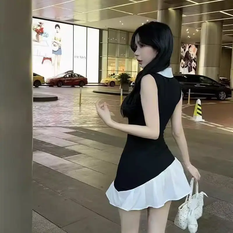 Summer Hot Girl Contrast Color Stitching Fake Two-Piece Design Shirt Dress For Women