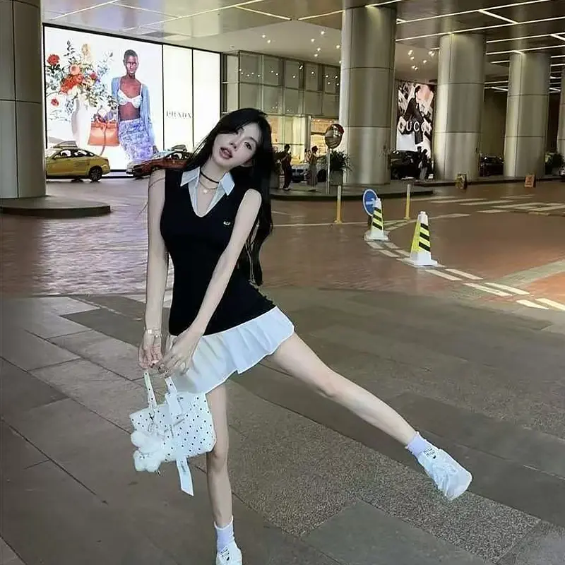 Summer Hot Girl Contrast Color Stitching Fake Two-Piece Design Shirt Dress For Women