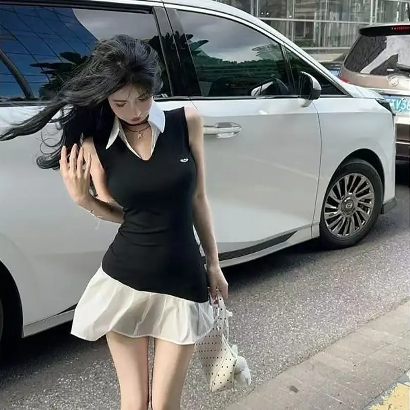 Summer Hot Girl Contrast Color Stitching Fake Two-Piece Design Shirt Dress For Women