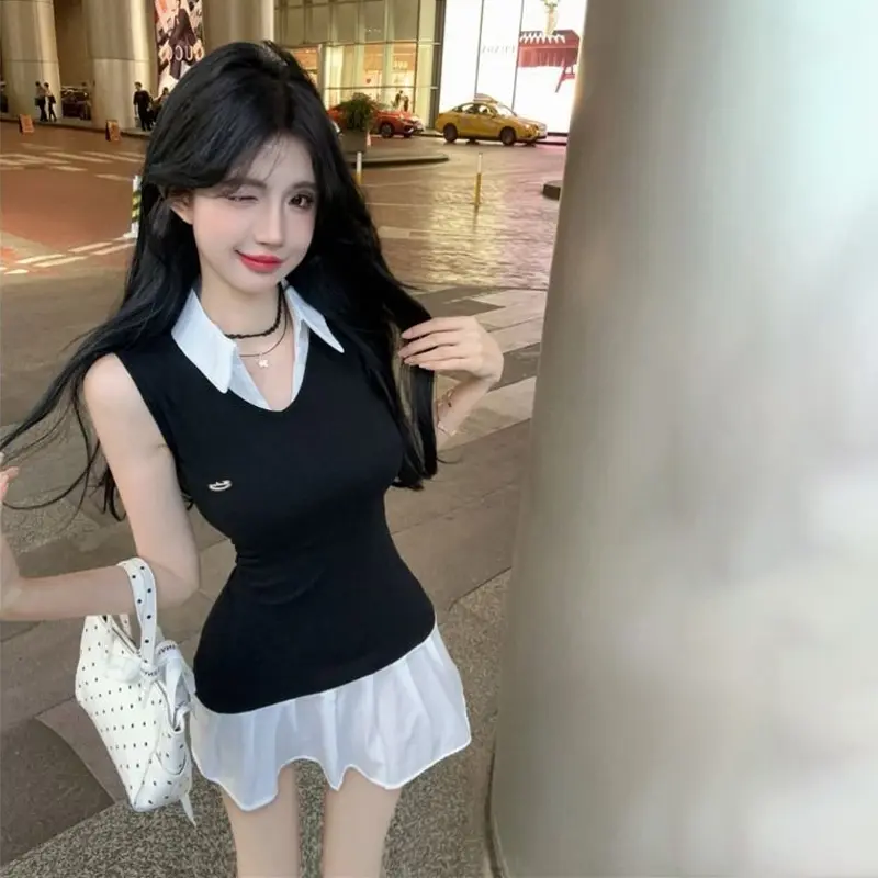 Summer Hot Girl Contrast Color Stitching Fake Two-Piece Design Shirt Dress For Women