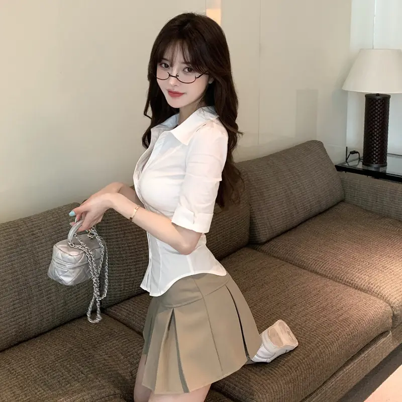 Uniform Shirt Summer Preppy Style White Short-Sleeved Sheath Student Blouse For Women