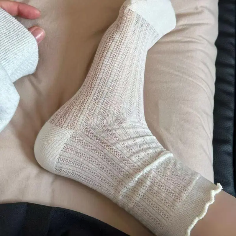 Women's Summer Mesh Mid Tube Socks, Solid Color with Wavy Edges, Ballet Style