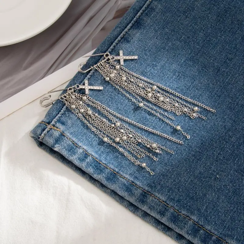 Sophisticated Cross Tassel Detachable Button Brooch for Trouser Embellishment; Adjustable Jean Fit Tightening Clasp