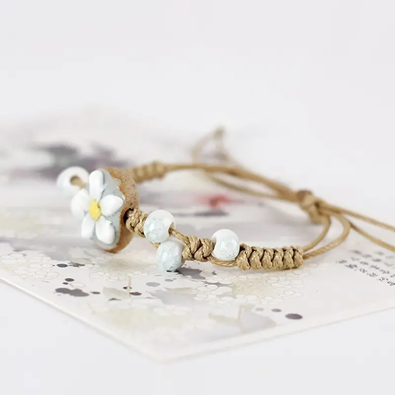 Handmade Vintage Ceramic Bracelet with Sunflower Leaf Design, Adjustable Ethnic Jewelry for Women