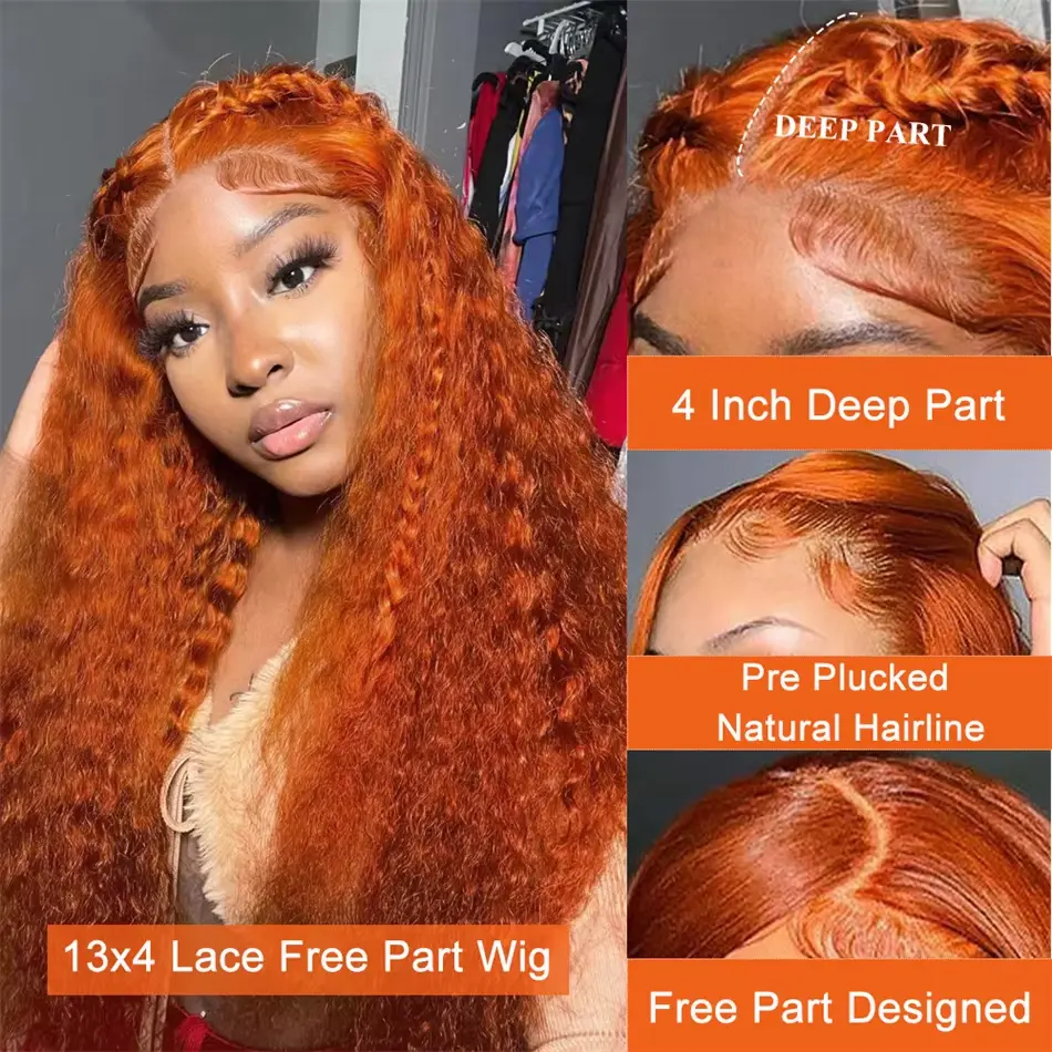 13x4 200 Density Transparent HD Lace Front Wig for Women 13x6 Deep Wave Remy Human Hair Ginger Orange 350 Loose Curly Wig