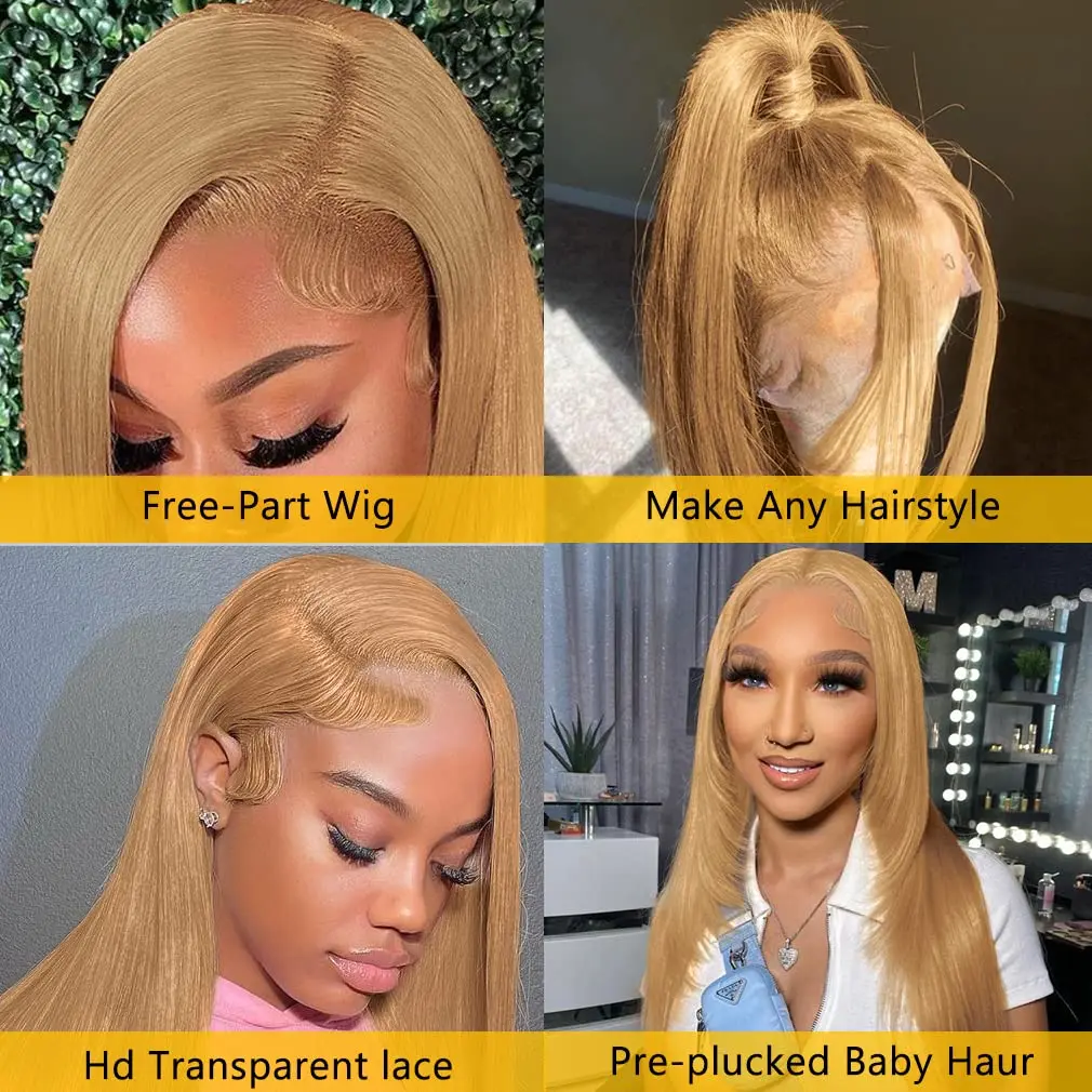 Honey Blonde Straight Lace Front Wig 13x6 HD Lace Front Wig Human Hair for Women 200 Density 27 Colored Lace Front Wig on Sale