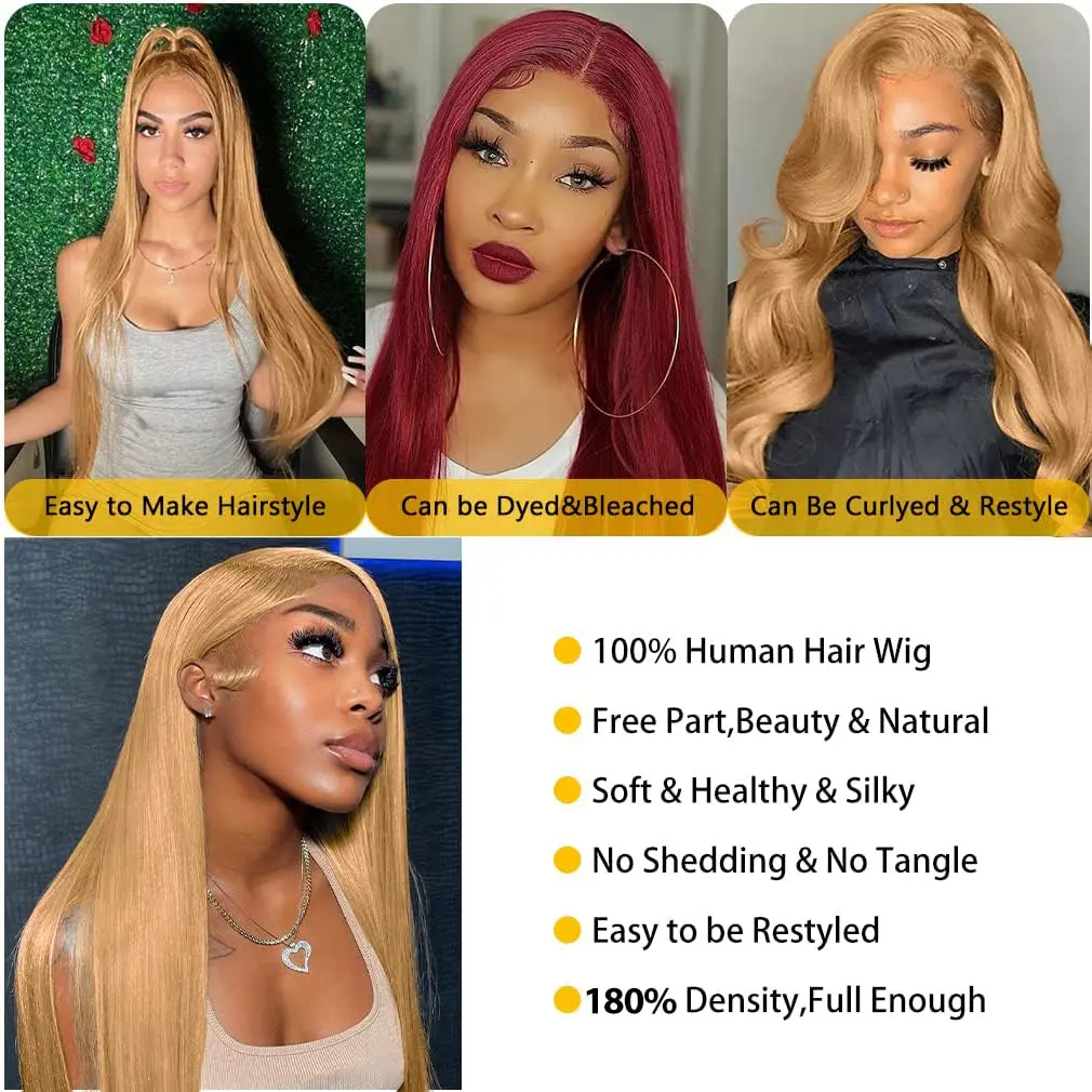 Honey Blonde Straight Lace Front Wig 13x6 HD Lace Front Wig Human Hair for Women 200 Density 27 Colored Lace Front Wig on Sale