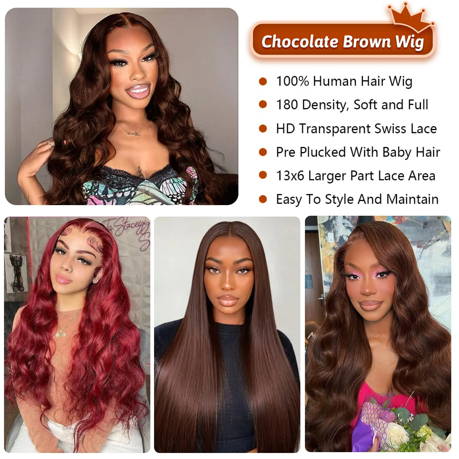 HD Chocolate Brown 13x4 Body Wave Lace Front Human Hair Wigs Brazilian Brown Hair 34 inch Lace Frontal Wig For Women Pre plucked