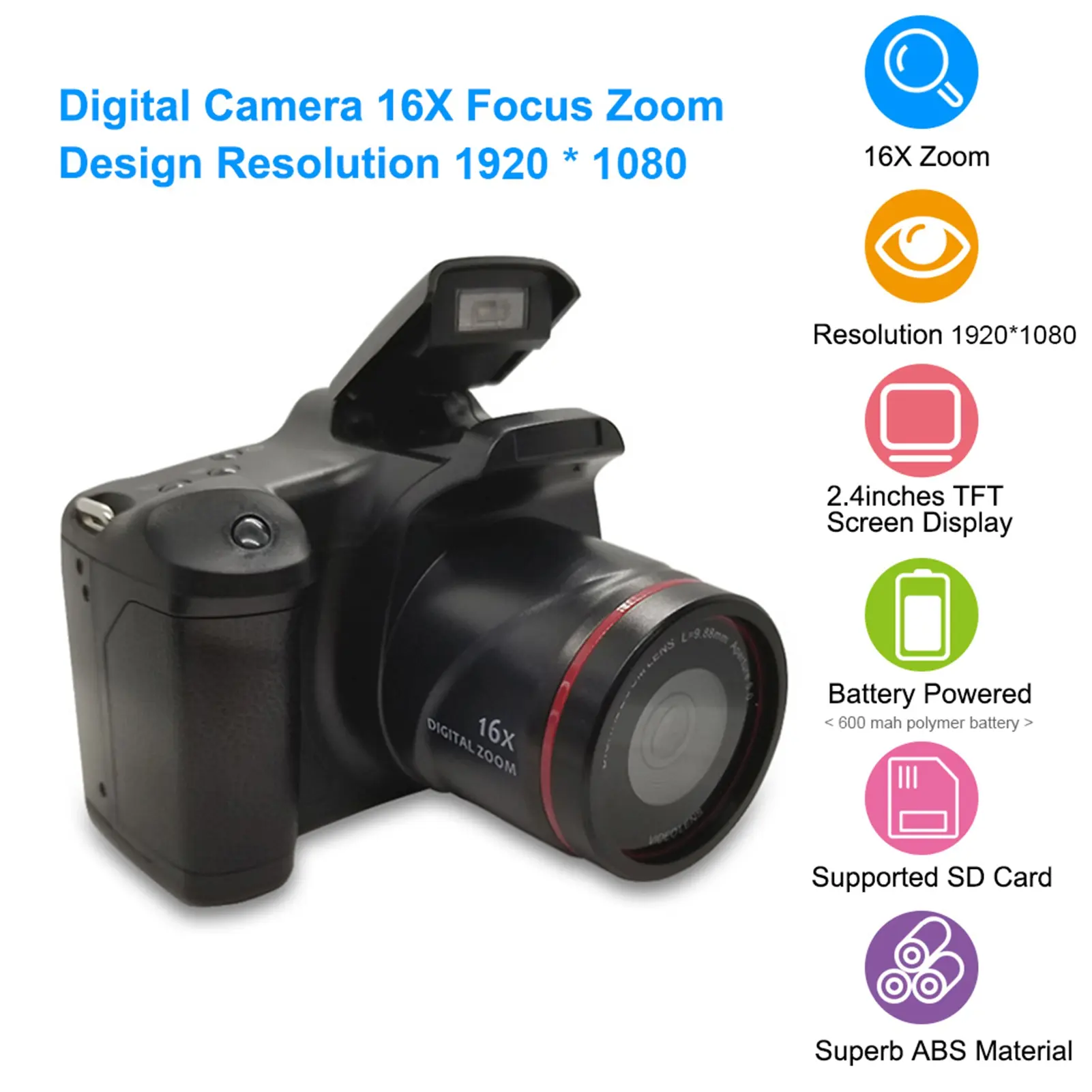 Digital Camera 16X Focus Zoom Design Resolution 1920*1080 Supported Storage Card Battery Powered Operated for Photos Taking Stud