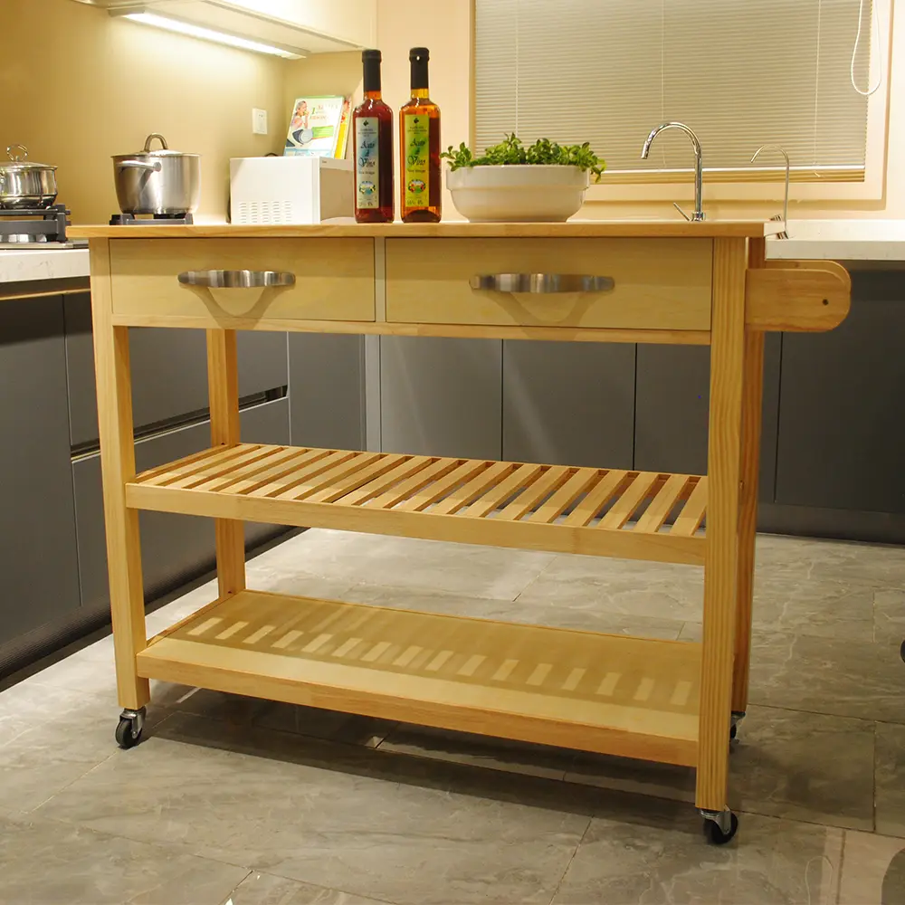 Kitchen Island & Kitchen Cart, Mobile Kitchen Island with Two Lockable Wheels, Rubber Wood Top, Simple Design & Natural Color Gi