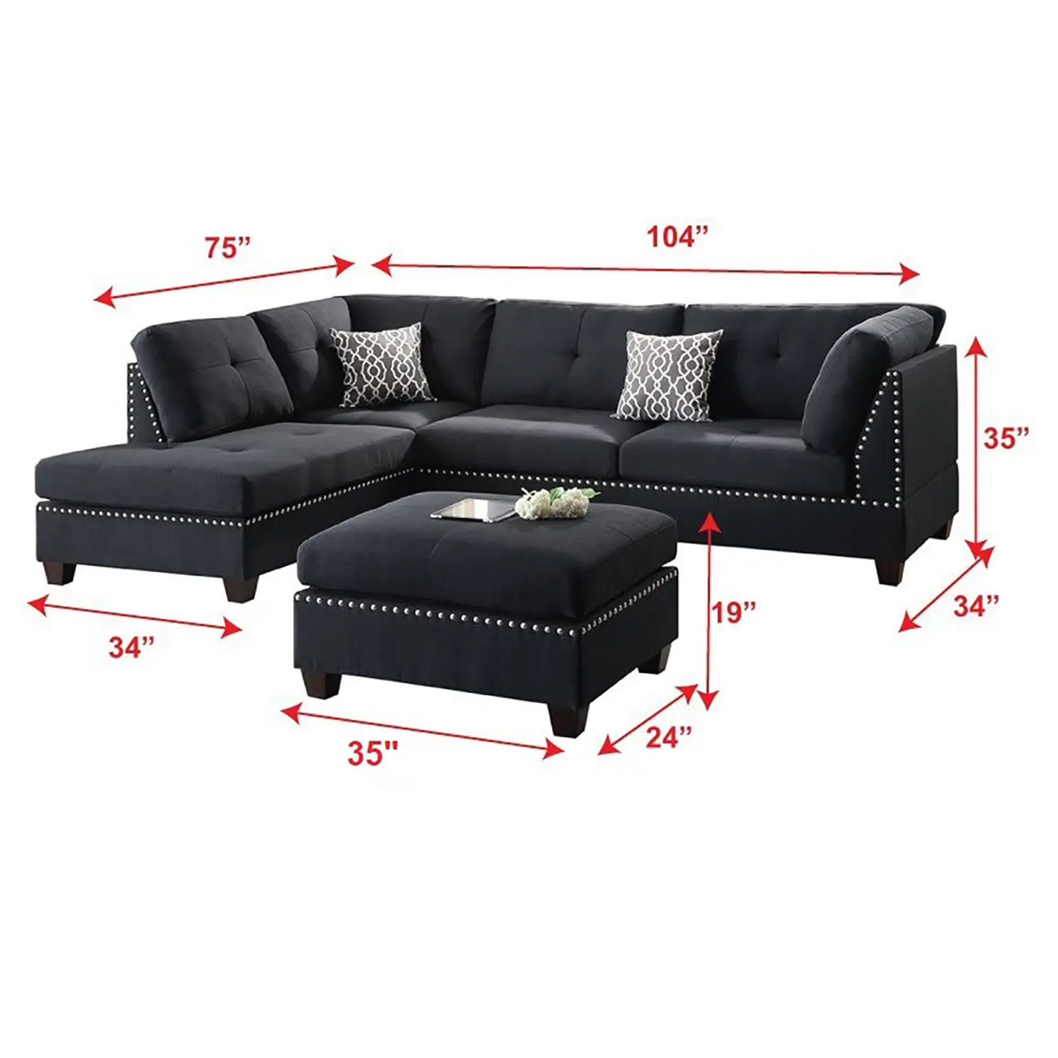 3-pcs Sectional Sofa Black Polyfiber Cushion Sofa Chaise Ottoman Reversible Couch Pillows