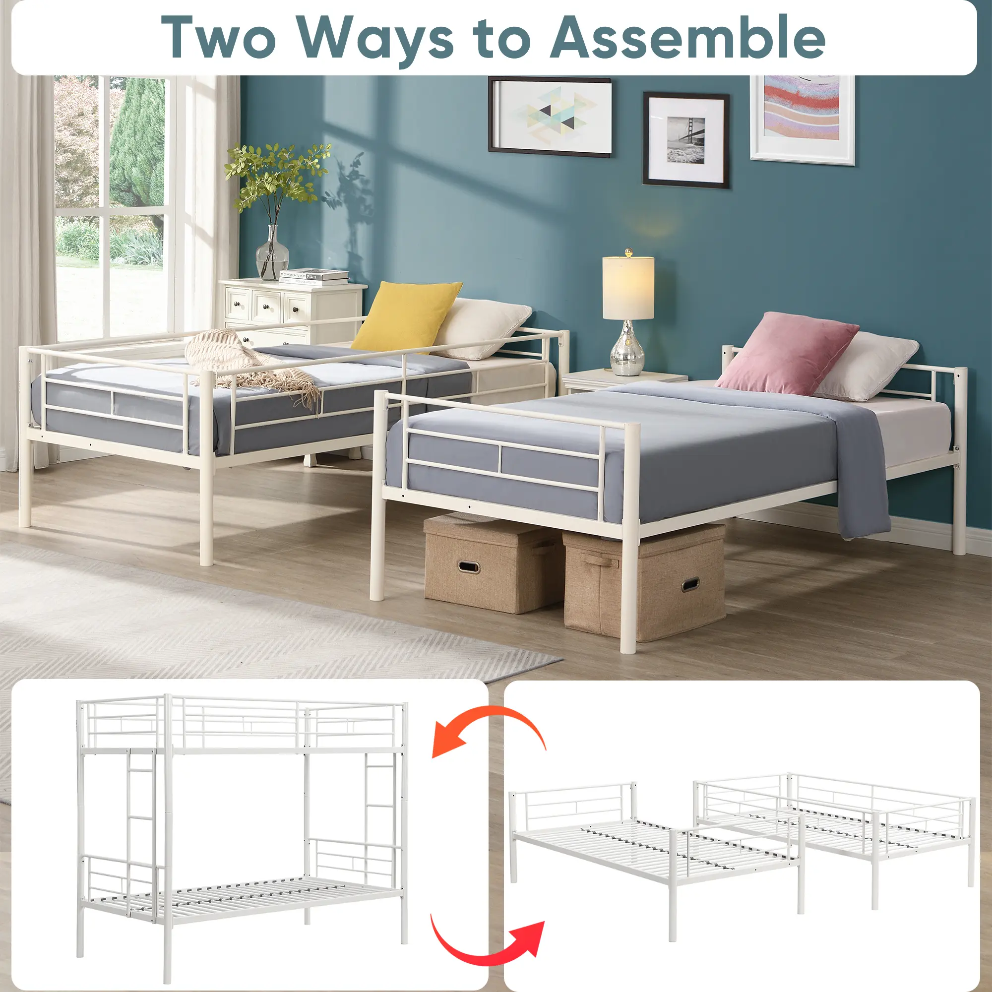 Twin Over Twin Metal Bunk Bed,Metal Structure Bedframe with Safety Guardrails and 2 ladders,Convertible Bunkbeds,No Spring Box R