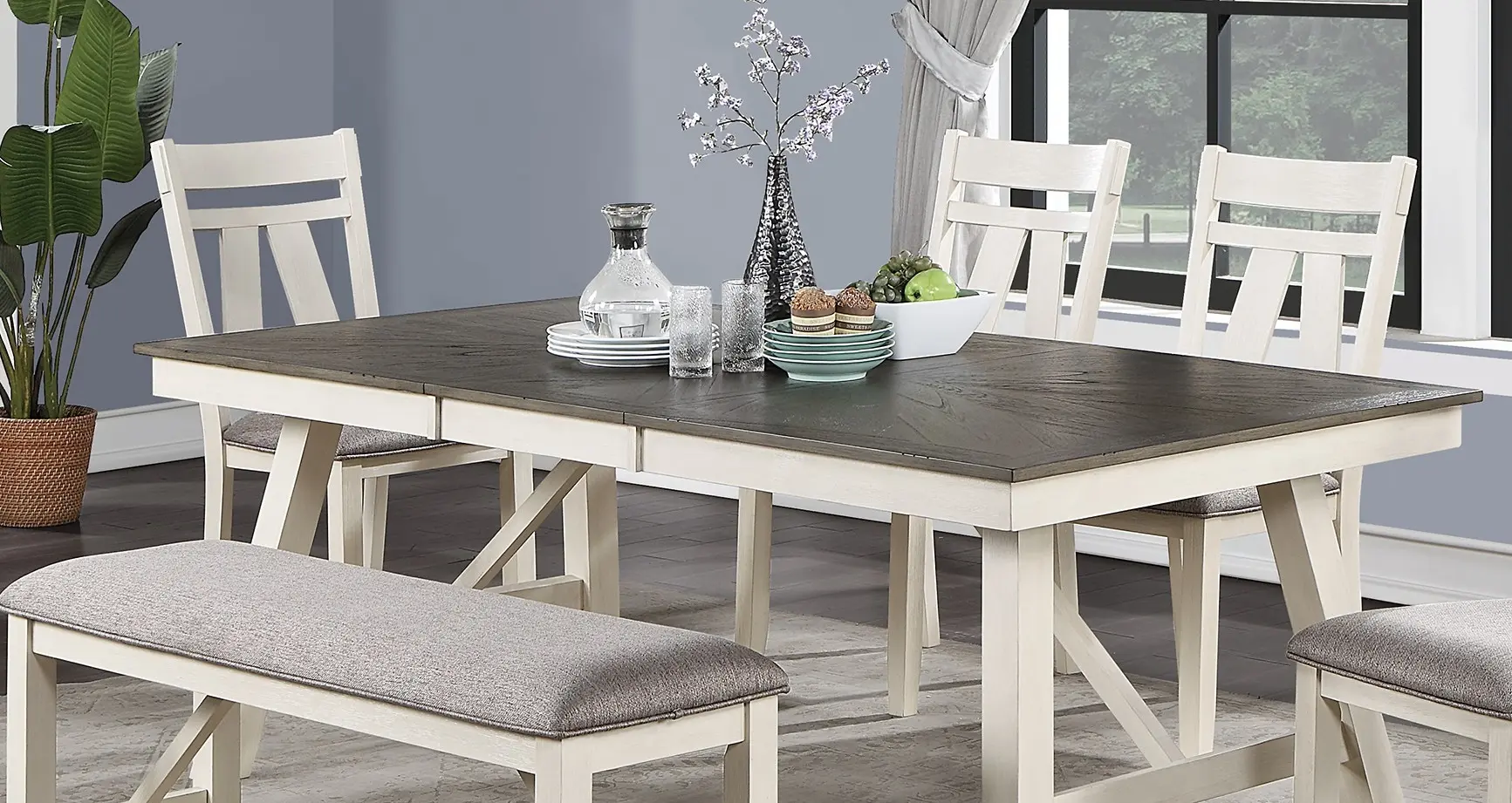 Dining Room Furniture 6pc Dining Set Table w Leaf And 4x Side Chairs 1x Bench Gray Fabric Cushion Seat White Clean Lines Wooden