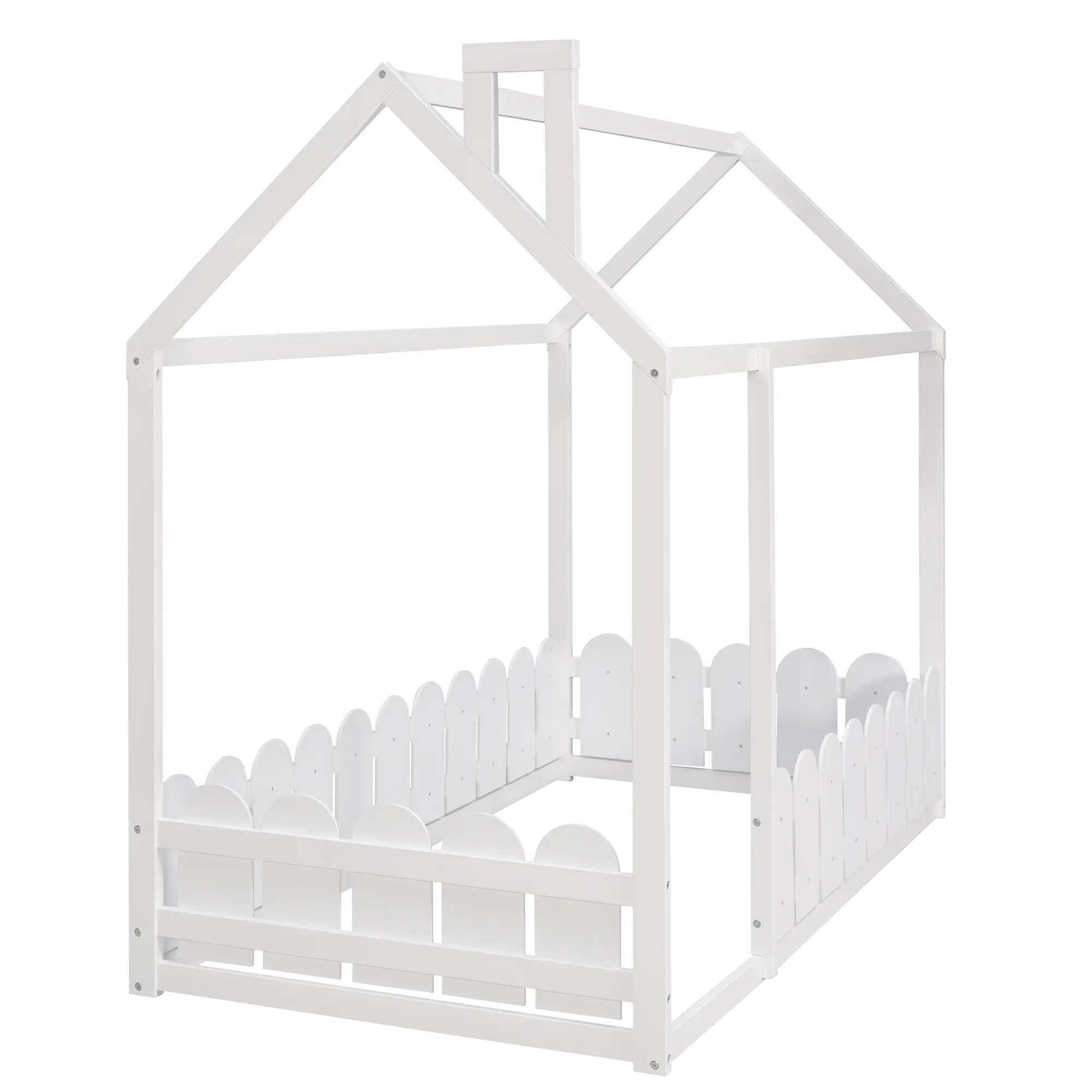 （Slats are not included) Twin Size Wood Bed House Bed Frame with Fence, for Kids, Teens, Girls, Boys (White )