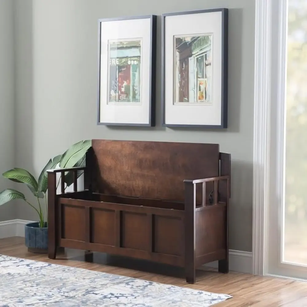 Migdalia Flip Top Slat Back Storage Entryway Bench Brown Walnut Finish