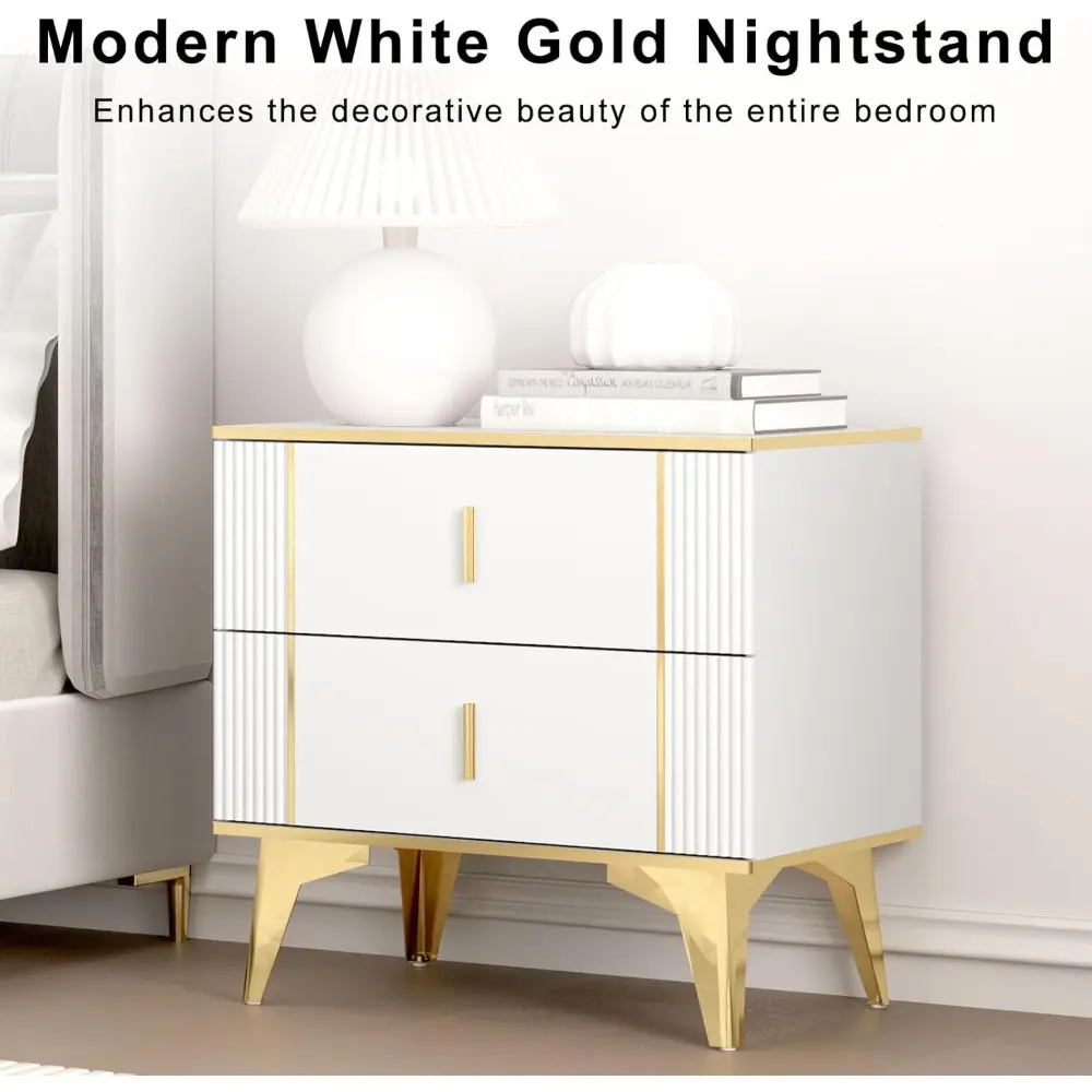 Nightstands Set of 2, Wood Bedside Table with 2 Drawers, End Table with Striped Surface Metal Handle Legs (White Gold 23.62" W x