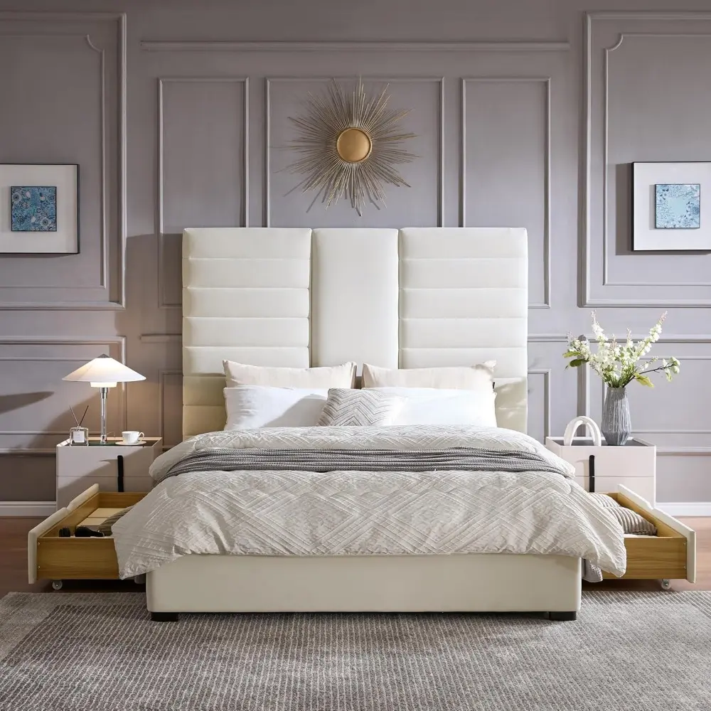 Queen Size Upholstered Bed Frame with Hidden Storage Drawers, Velvet Fabric, Modern Tufted Headboard, Heavy Duty Metal Frame, Ea