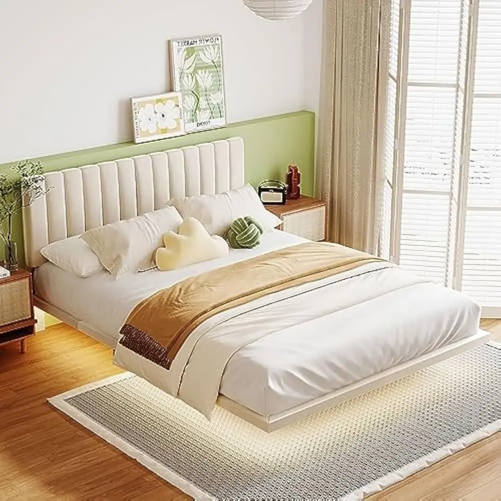 SOFTSEA Floating Bed Frame Queen Size, Upholstered Platform Bed with Smart Light and Headboard, Queen Size Velvet Bed Frame with
