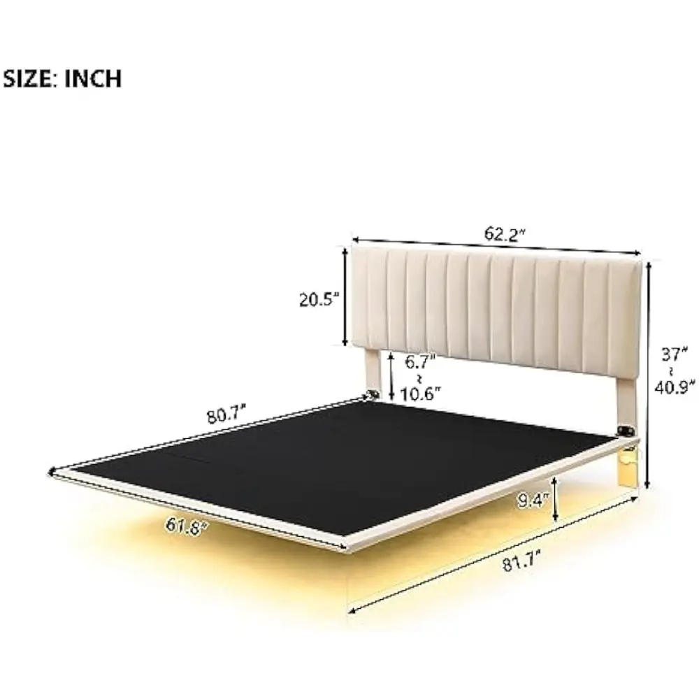 SOFTSEA Floating Bed Frame Queen Size, Upholstered Platform Bed with Smart Light and Headboard, Queen Size Velvet Bed Frame with