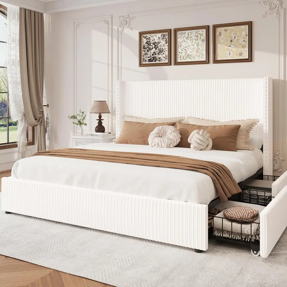 Queen Bed Frame with Headboard Upholstered Bed Frame with 4 Storage Drawers Corduroy Platform Bed Frame Queen Size with Vertical