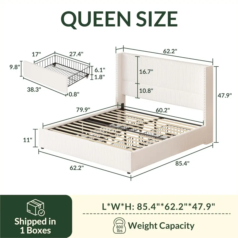 Queen Bed Frame with Headboard Upholstered Bed Frame with 4 Storage Drawers Corduroy Platform Bed Frame Queen Size with Vertical