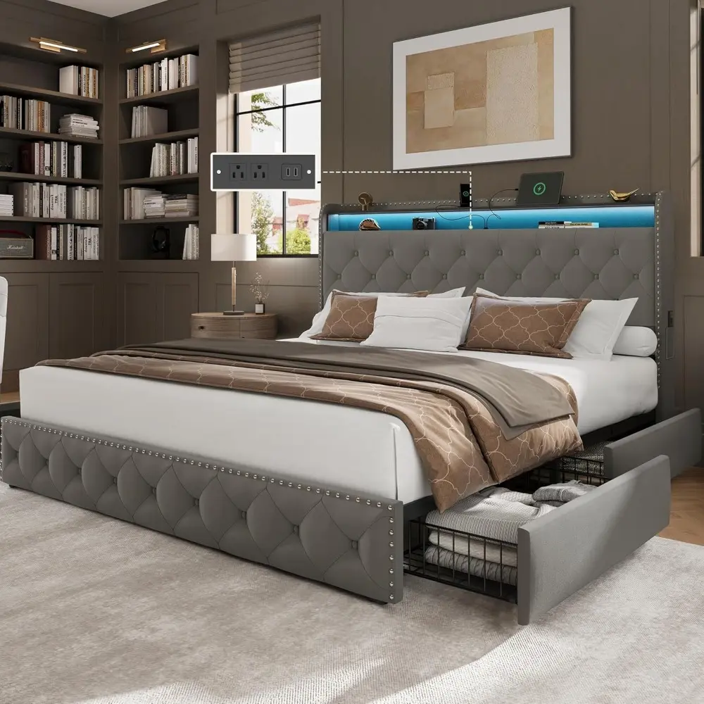 King Bed Frame with 4 Storage Drawers and USB Charging Station Velvet Tufed Upholstered Platform Bed Frame with Headboard LED Li