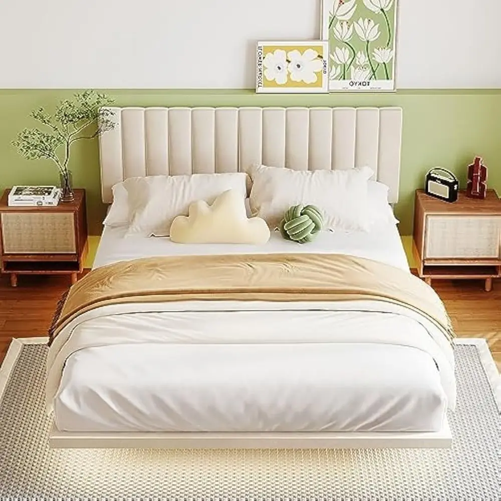 SOFTSEA Floating Bed Frame Queen Size, Upholstered Platform Bed with Smart Light and Headboard, Queen Size Velvet Bed Frame with