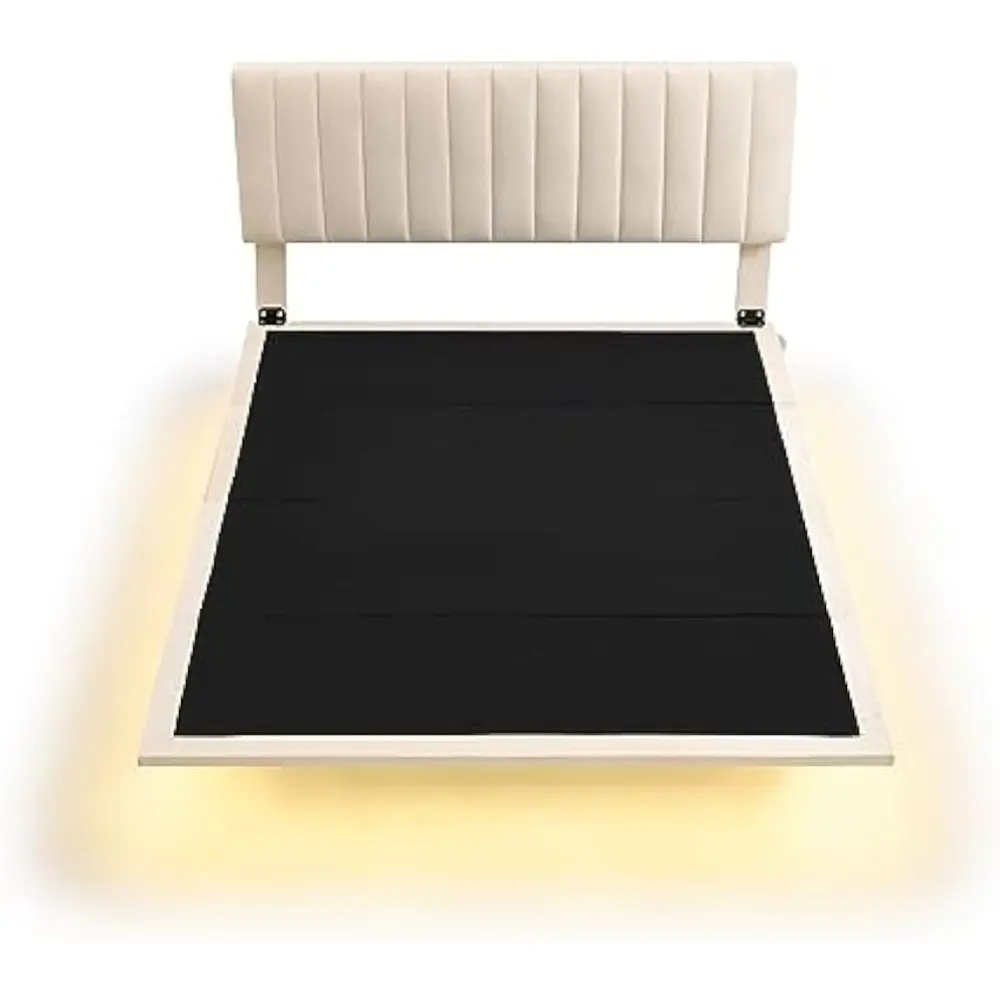 SOFTSEA Floating Bed Frame Queen Size, Upholstered Platform Bed with Smart Light and Headboard, Queen Size Velvet Bed Frame with