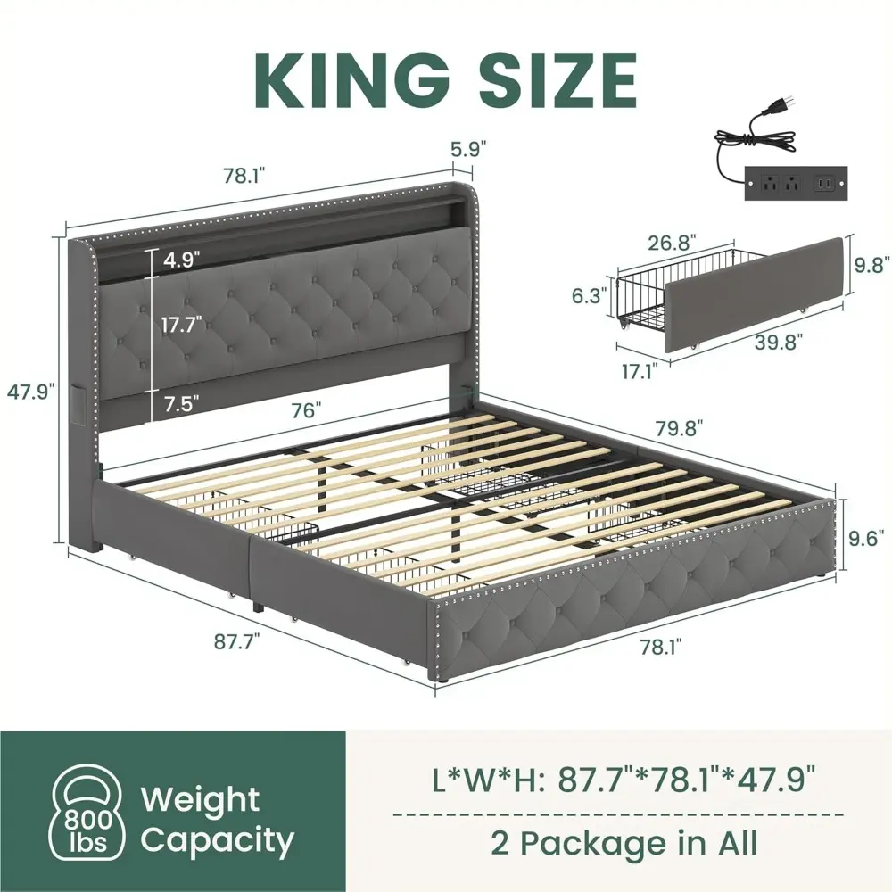 King Bed Frame with 4 Storage Drawers and USB Charging Station Velvet Tufed Upholstered Platform Bed Frame with Headboard LED Li