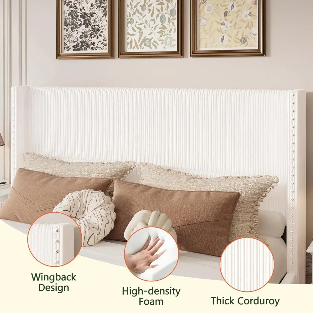 Queen Bed Frame with Headboard Upholstered Bed Frame with 4 Storage Drawers Corduroy Platform Bed Frame Queen Size with Vertical