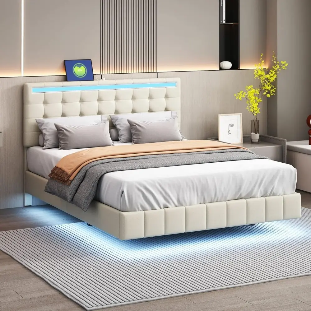 Queen Size Floating Bed Frame with LED Lights and USB Charging,Modern Upholstered Platform LED Bed Frame (Beige+Linen, Queen)