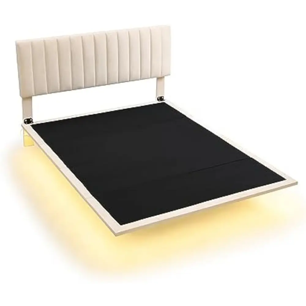 SOFTSEA Floating Bed Frame Queen Size, Upholstered Platform Bed with Smart Light and Headboard, Queen Size Velvet Bed Frame with
