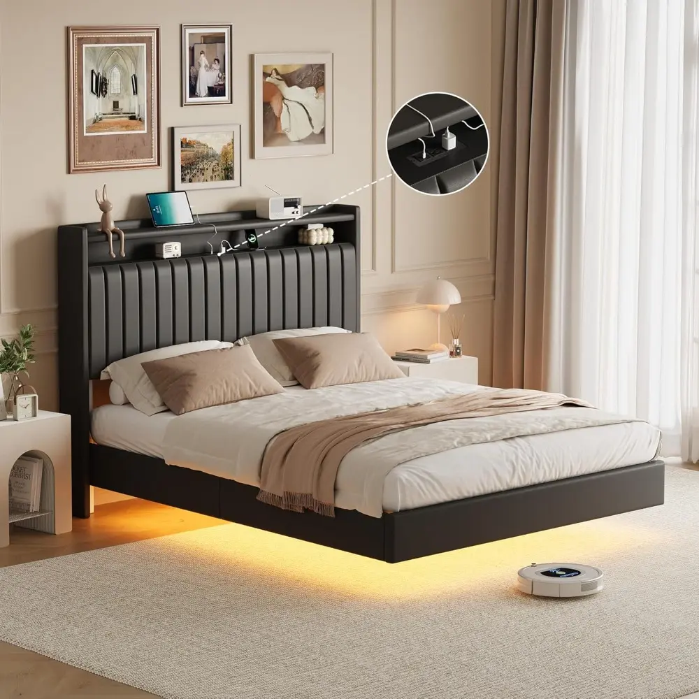 GAOMON Queen Floating Bed Frame with LED Lights & Charging Station, Upholstered Leather Platform Bed Frame with Headboard, 50" T