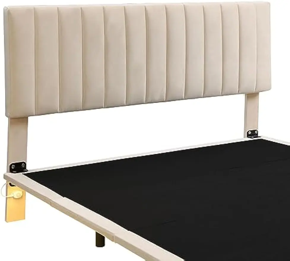 SOFTSEA Floating Bed Frame Queen Size, Upholstered Platform Bed with Smart Light and Headboard, Queen Size Velvet Bed Frame with