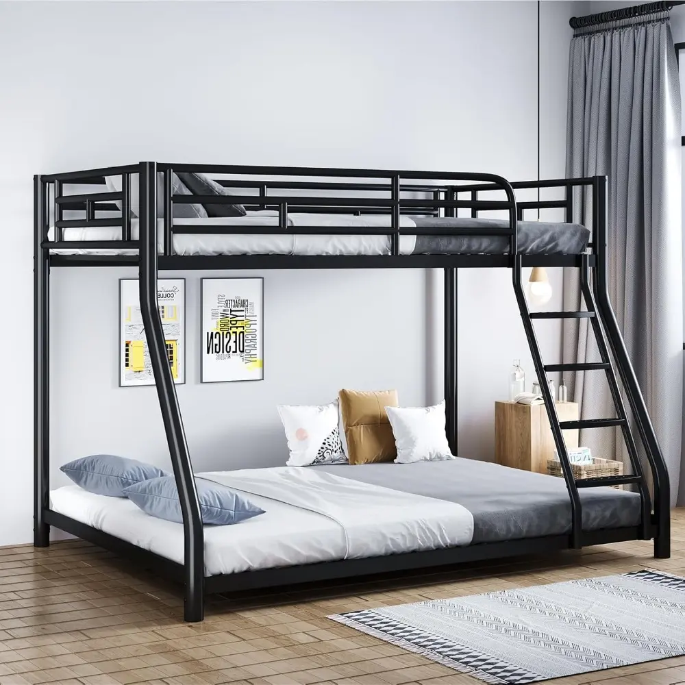 Metal Bunk Bed, Full Size Bed Frame for Adults, Twin Over Full Bunk Bed with Safety Guardrail and Ladder, Bed Twin (Black)