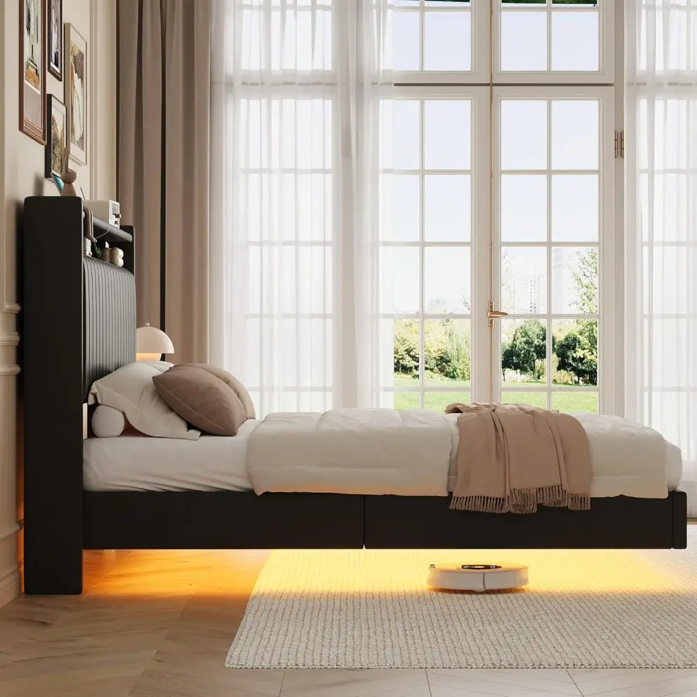 GAOMON Queen Floating Bed Frame with LED Lights & Charging Station, Upholstered Leather Platform Bed Frame with Headboard, 50" T