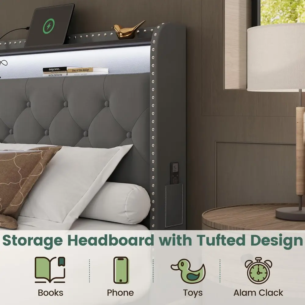 King Bed Frame with 4 Storage Drawers and USB Charging Station Velvet Tufed Upholstered Platform Bed Frame with Headboard LED Li