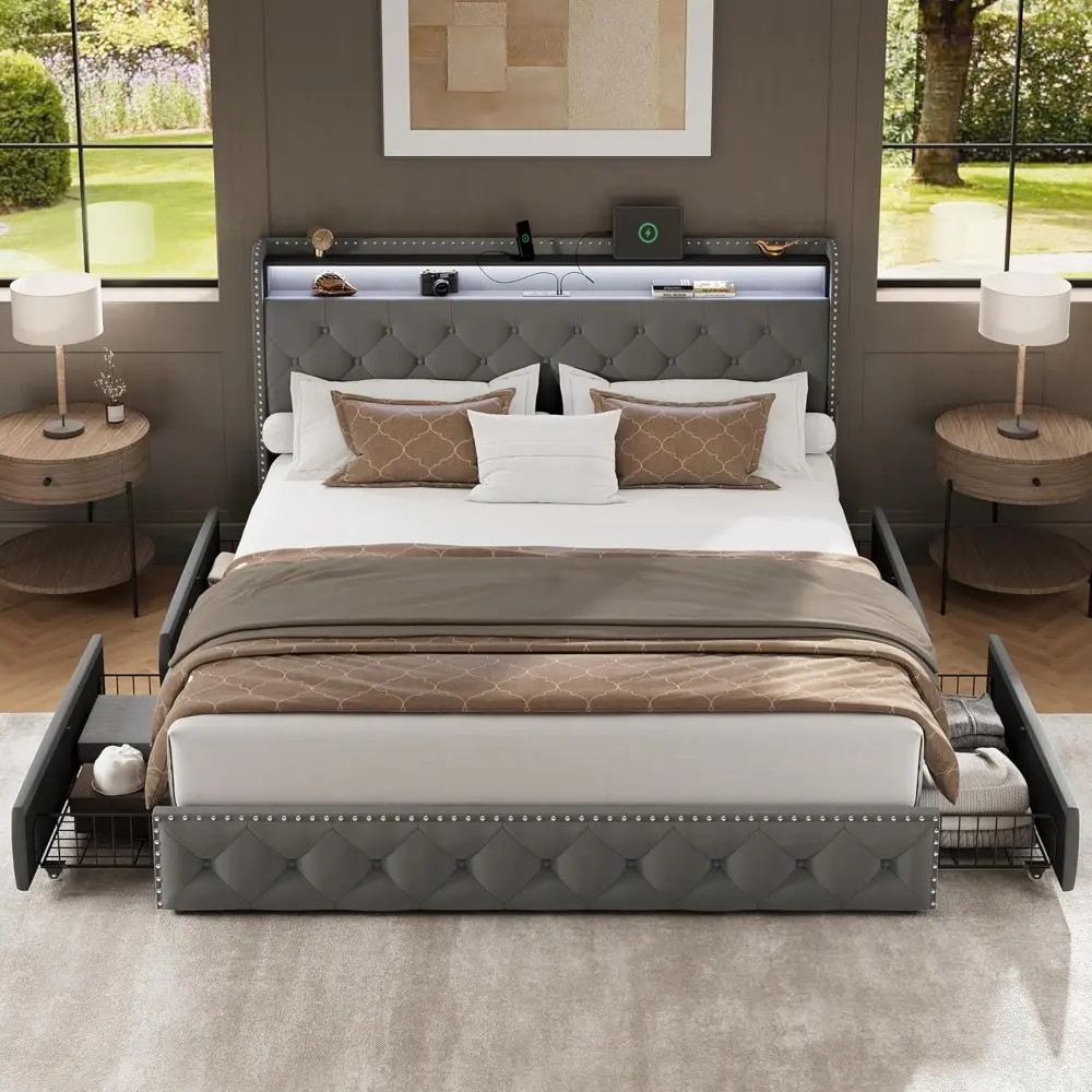 King Bed Frame with 4 Storage Drawers and USB Charging Station Velvet Tufed Upholstered Platform Bed Frame with Headboard LED Li