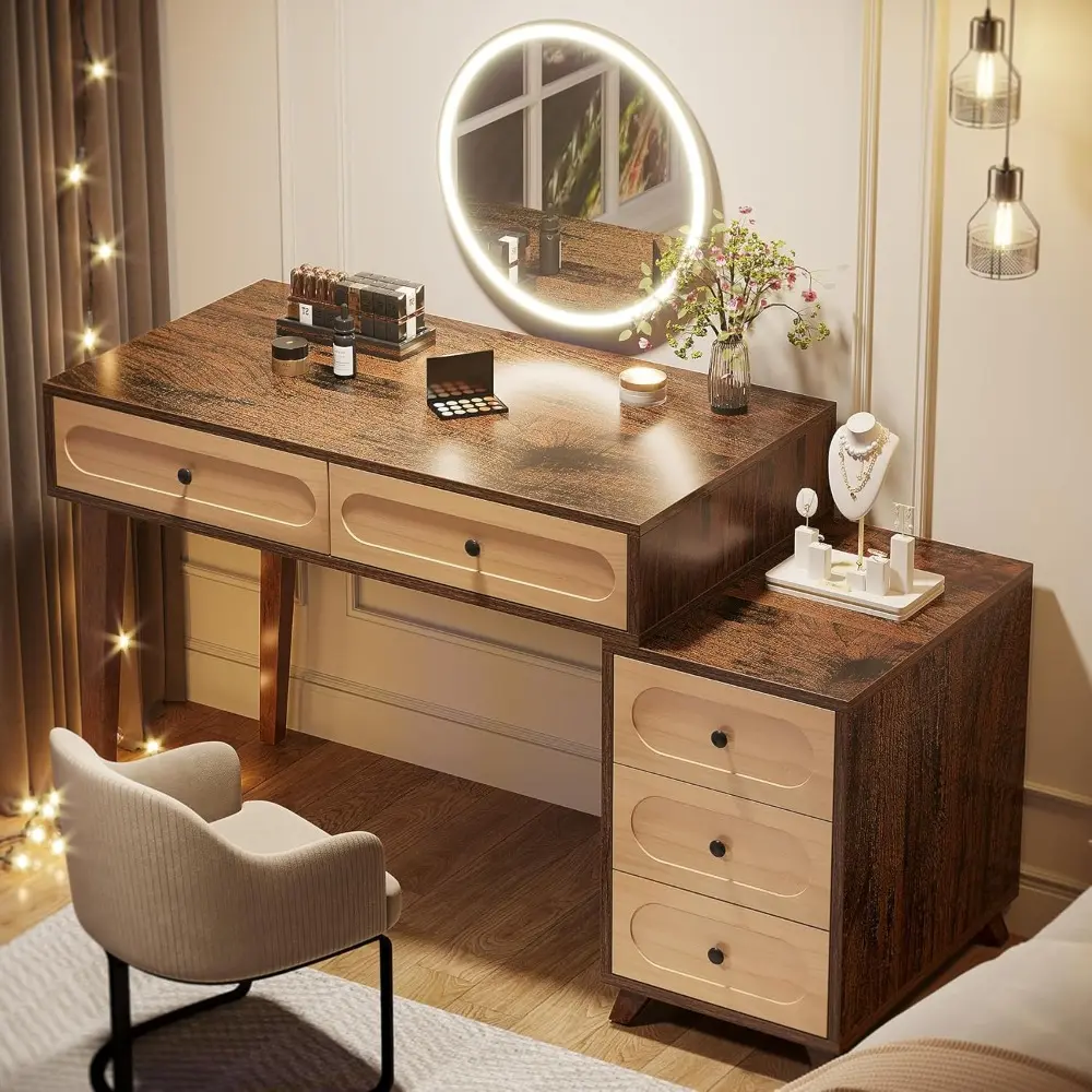 Vanity Desk with 5 Drawers, 51-Inch Makeup Vanity Table for Women Girls, Wooden Dressing Table Set for Makeup Room, Bedroom (Wi