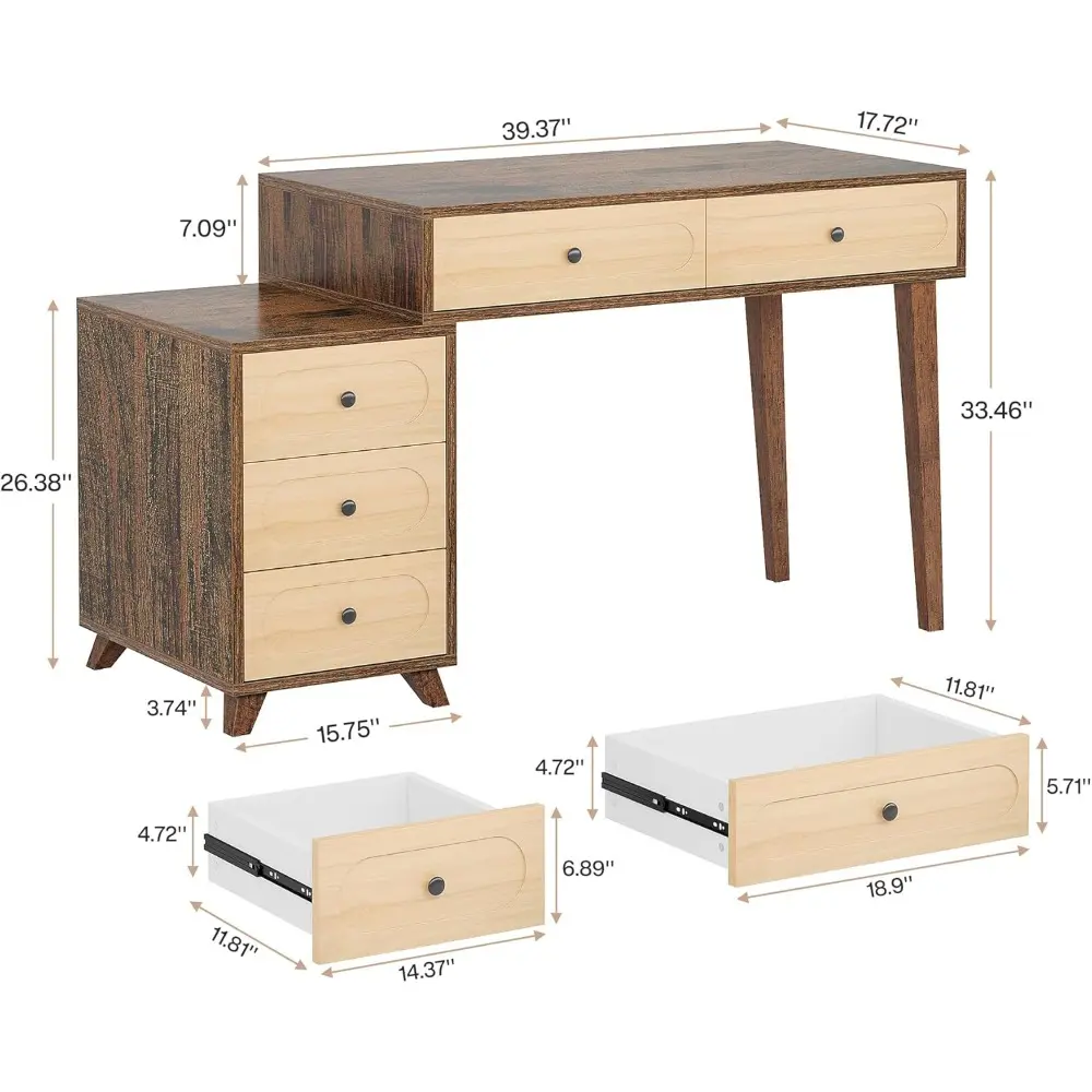 Vanity Desk with 5 Drawers, 51-Inch Makeup Vanity Table for Women Girls, Wooden Dressing Table Set for Makeup Room, Bedroom (Wi