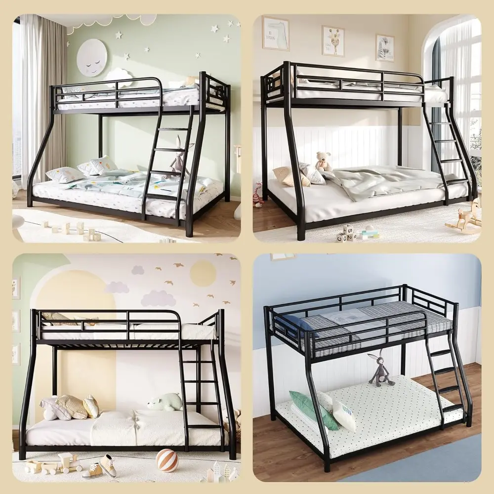 Metal Bunk Bed, Full Size Bed Frame for Adults, Twin Over Full Bunk Bed with Safety Guardrail and Ladder, Bed Twin (Black)